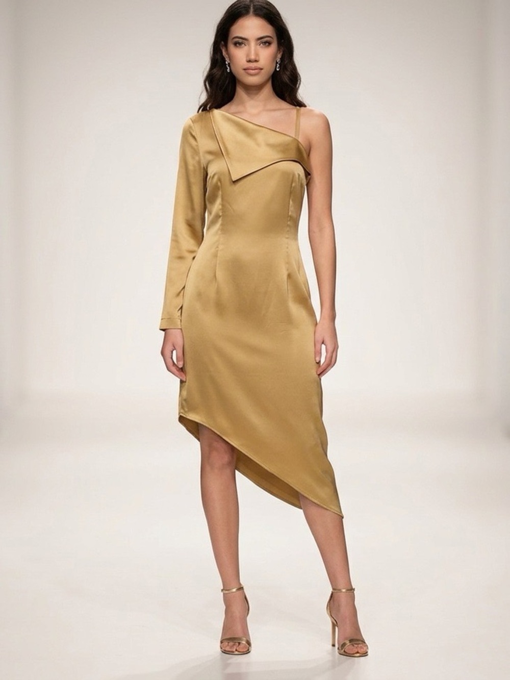 Making the Cut Gold Satin One Shoulder Asymmetrical Midi Dress Size Medium
